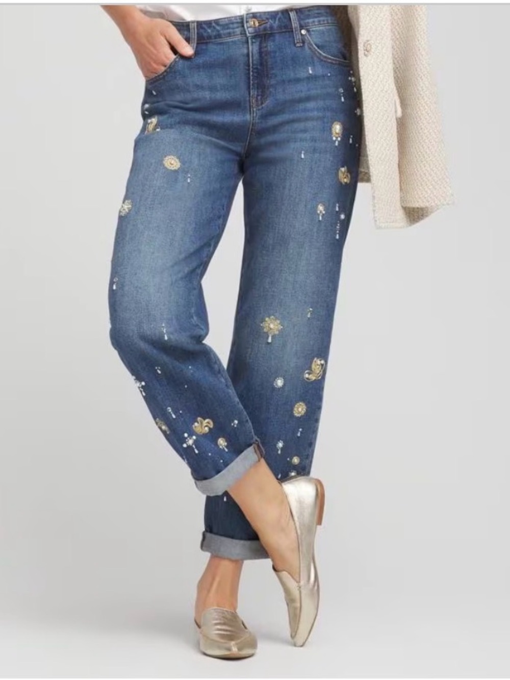 Chico's Embellished Blue Boyfriend Jeans with Gold & Brooch Pearl Accents